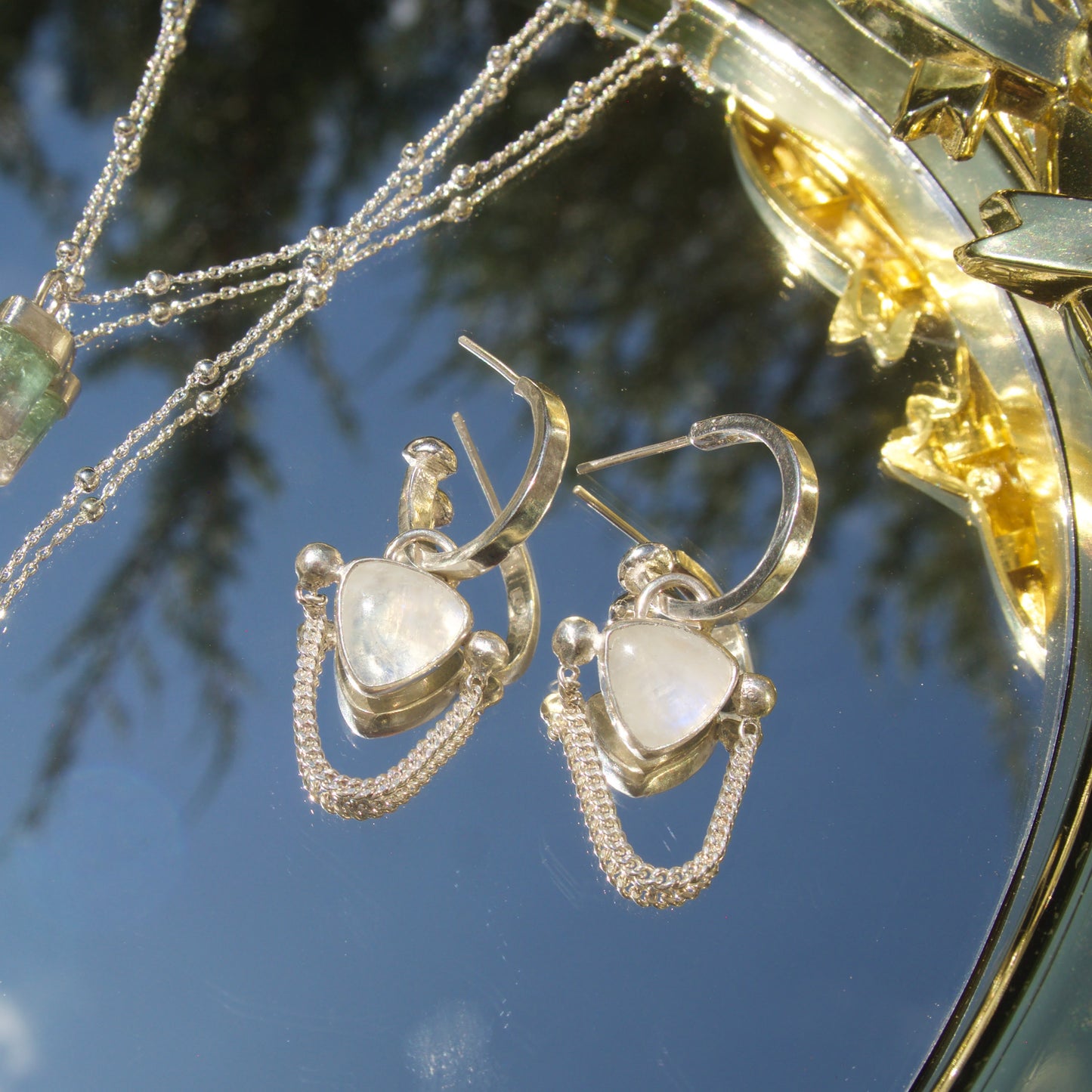 Moonstone Chain Drip Hoops