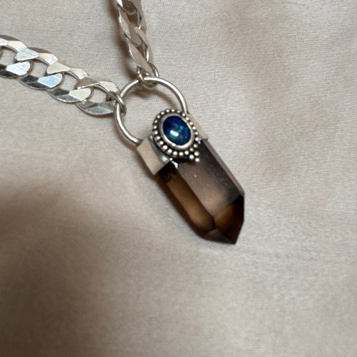 smokey quartz natural opal silver necklace