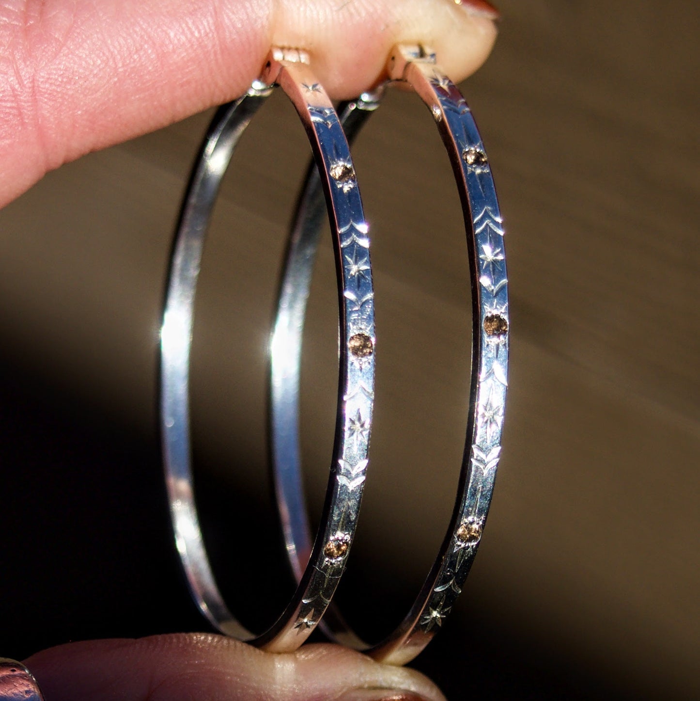 Engraved Smokey Quartz Hoops