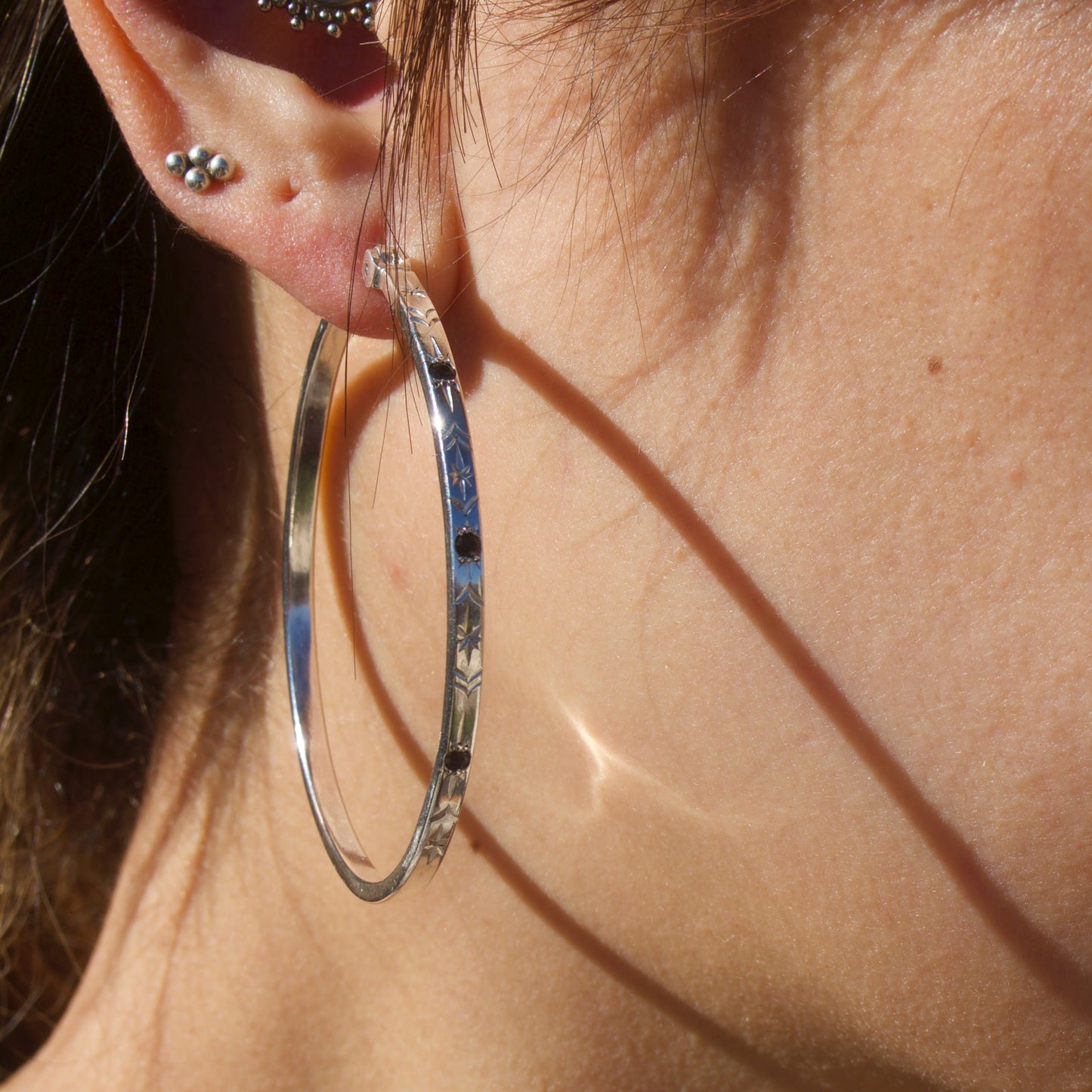 Engraved Smokey Quartz Hoops