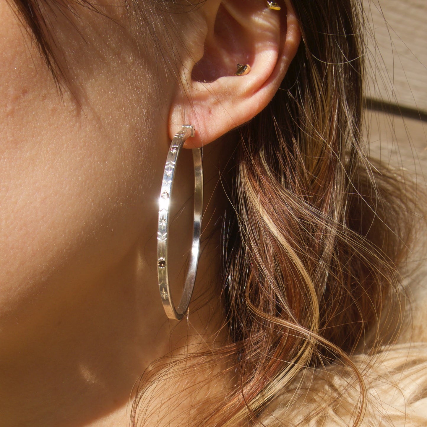Engraved Smokey Quartz Hoops