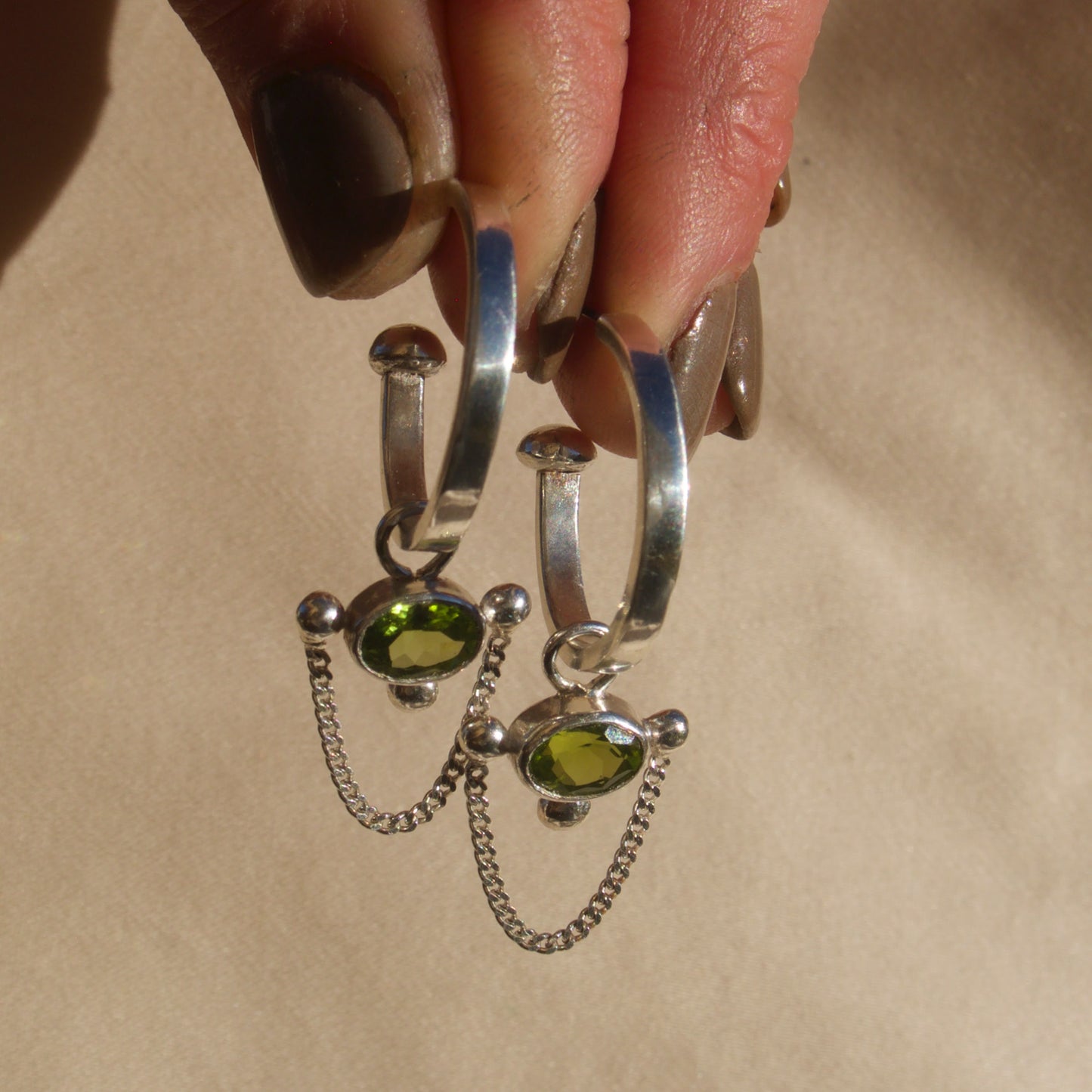 Peridot Chain Drop Hoops