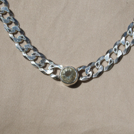 Round Brilliant Cut Libyan Desert Glass Necklace in Sterling Silver on a Hand Engraved Chain