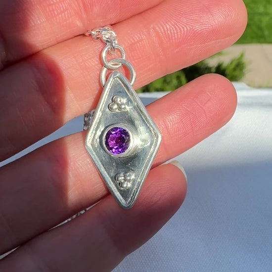 amethyst silver geometric medallion necklace